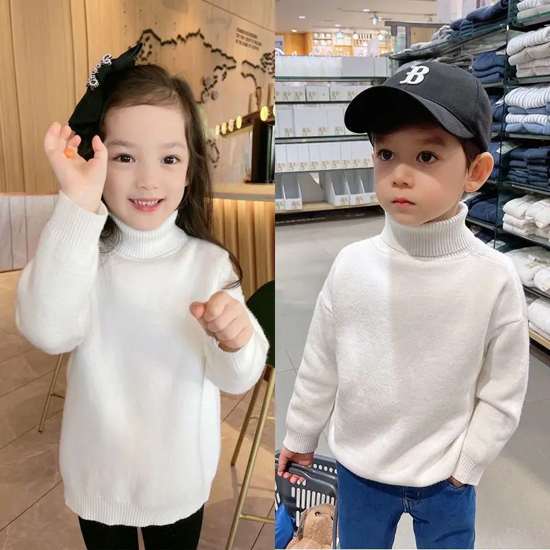 Children Padded Sweater Autumn Winter New Knitwear Kids Padded Warm Knit Pullover Casual Turtleneck Boy Girl Bottom Shirt Jumper