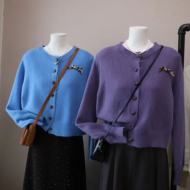 Maglione cardigan lavorato a maglia da donna rotondo Ne Heart Bule Autunno Inverno Faion Sle coreano con spilla sul petto Top lungo Sve