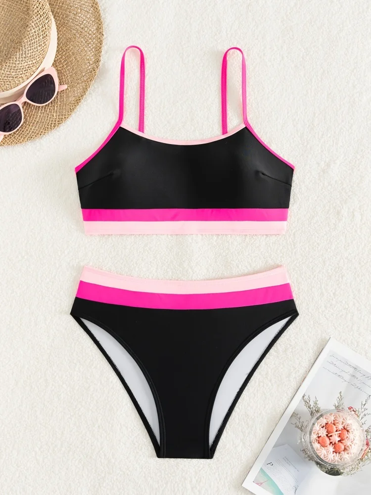 Vintage Black Pink Patchwork High Waist Bikini Set Women Summer Tied Sports Swimwear Female 2026 Elastic Band Swimsuit Ladies
