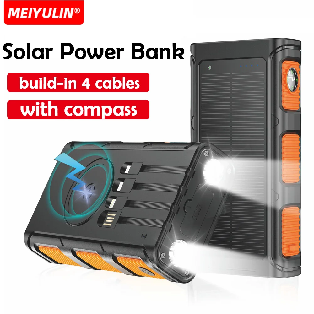 

Wireless Solar Power Bank Build-in Cable USB C Fast Charging 30000mAh Large Capacity External Spare Battery For iPhone Samsung