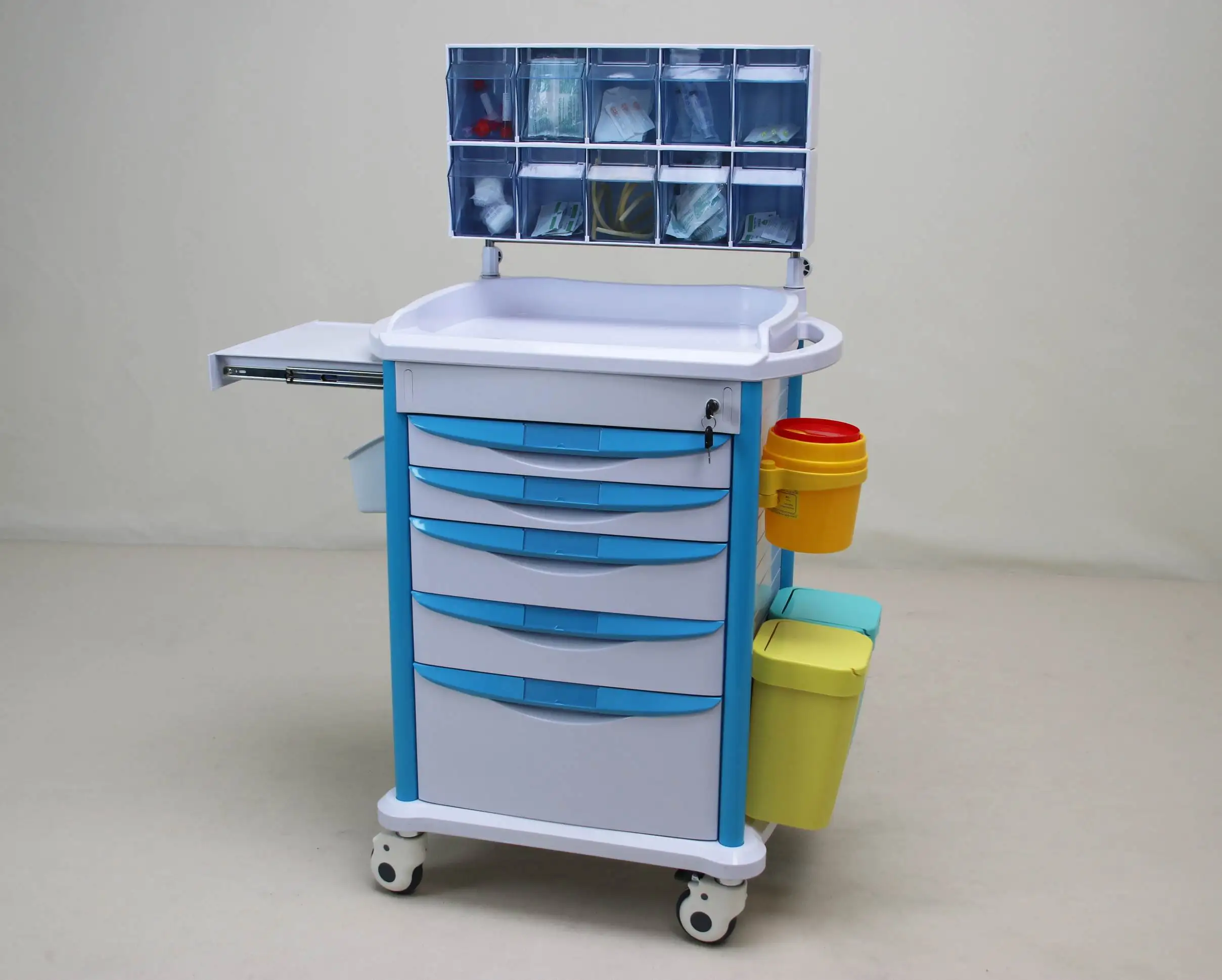 Hospital Furniture Multifunctional Wheeled Emergency Drug Trolley ABS Plastic Metal Construction For Medical Anaesthesia Storage