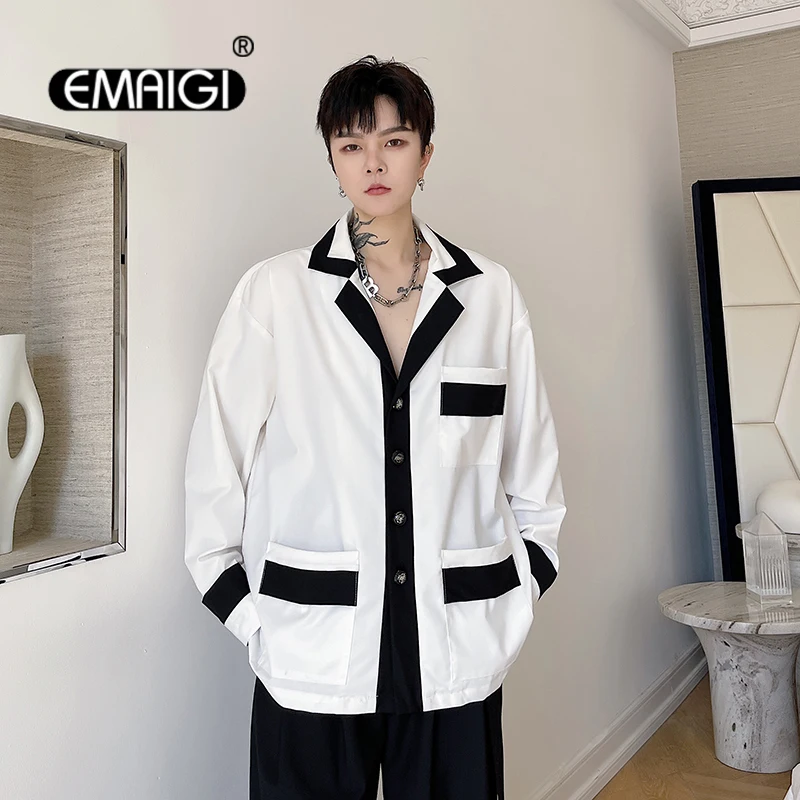 

Men Black White Splice Chic Vintage Long Sleeve Loose Casual Shirts Tops Male Korean Streetwear Fashion Suit Collar Shirt