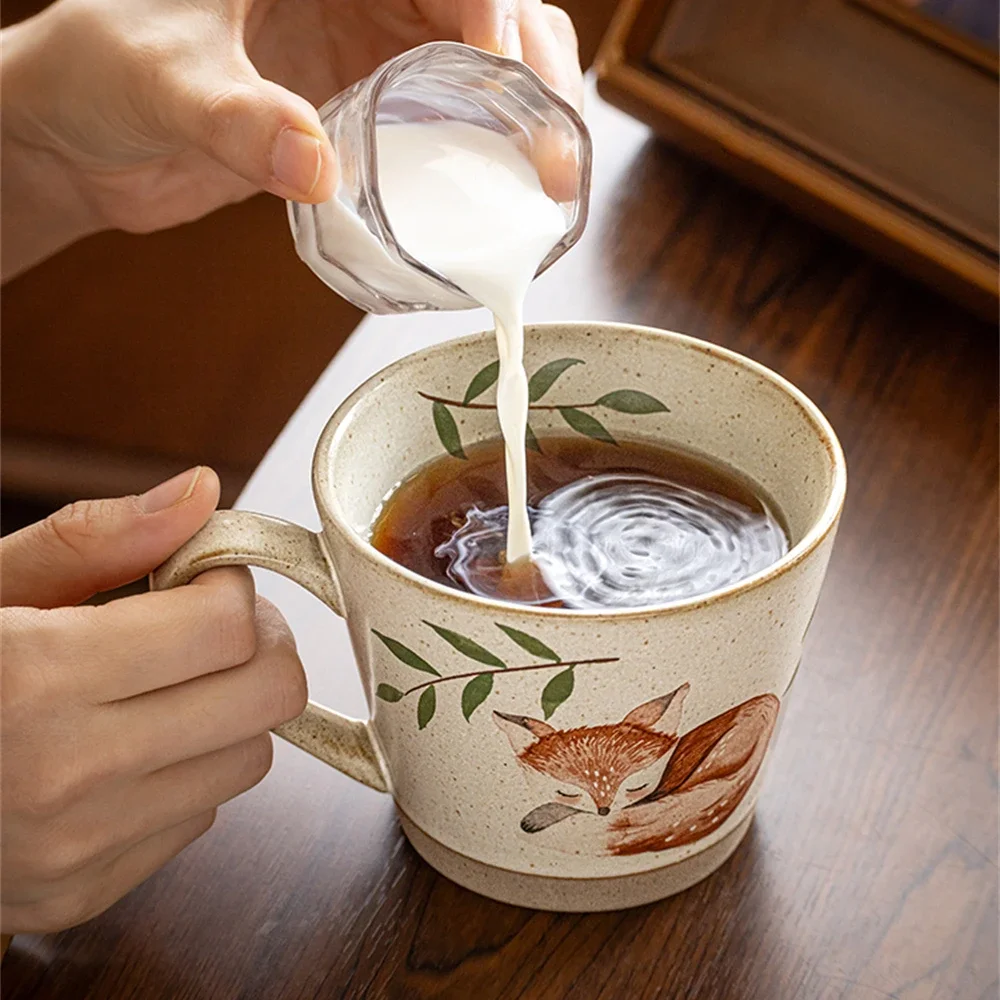 Creative Mug Stoneware Coffee Cup kitchen Supplies Cute Cartoon Fox V-Shaped Single Ear Handle Cup Girlfriends Birthday Gift