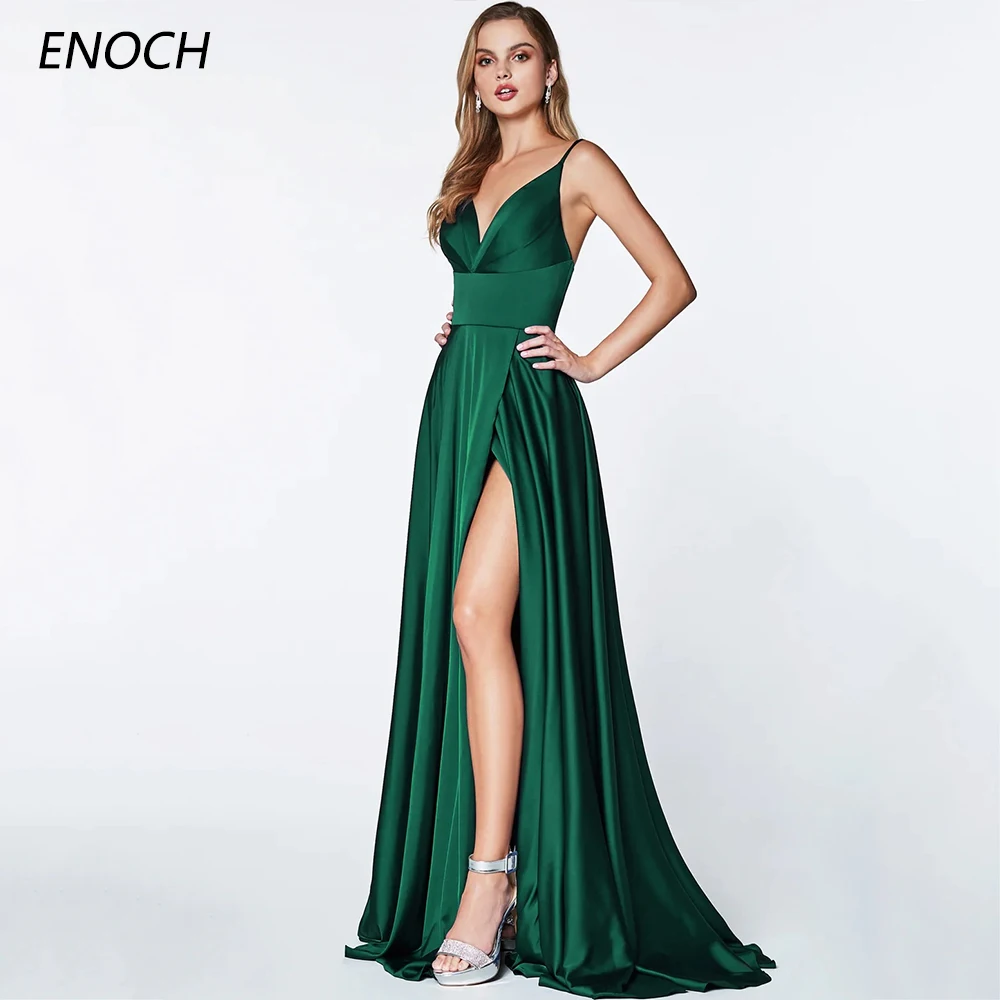 ENOCH Simple A-Line Evening Dresses V-Neck Spaghetti Straps Backless Zipper Pleat Prom Gown Sexy Side Slit Vestidos De Gala New