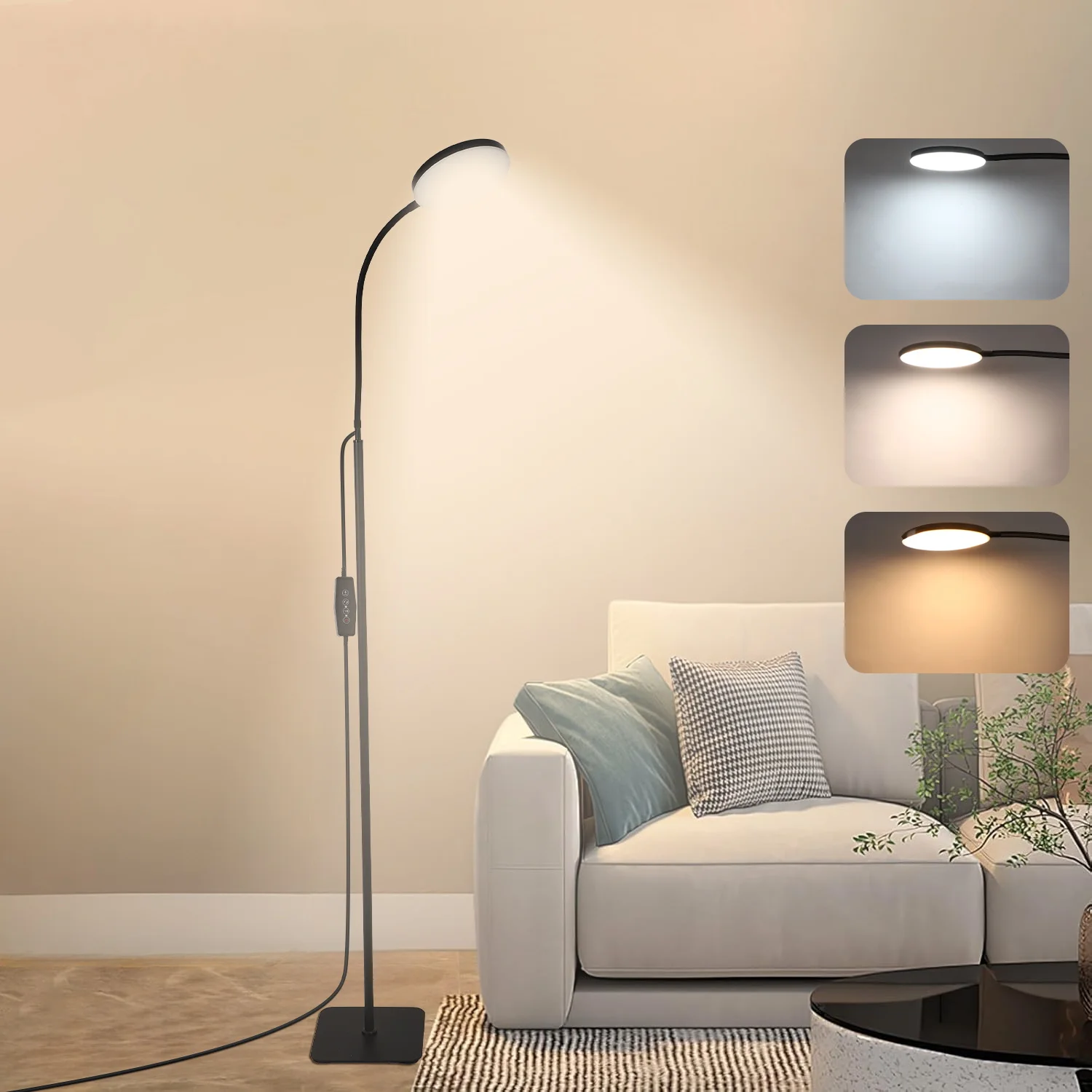 

Round floor lamp, powered by USB, with 3 color modes, adjustable height/ brightness, for living room, bedroom and study room
