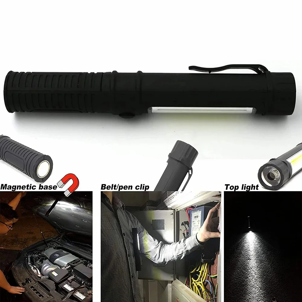 COB LED Work Flashlight Magnetic Base and Clip Multi-Function Pocket Pen Light Inspection Work Light Car Repair Camping edc Tool