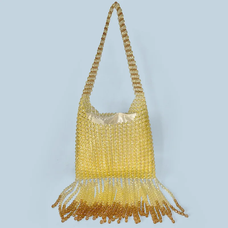 

2025 New Stylish Acrylic Metal Feeling Women's Handbag Tassel Design Handmade Weave Beading Underarm Bags Shoulder Bags Commuter