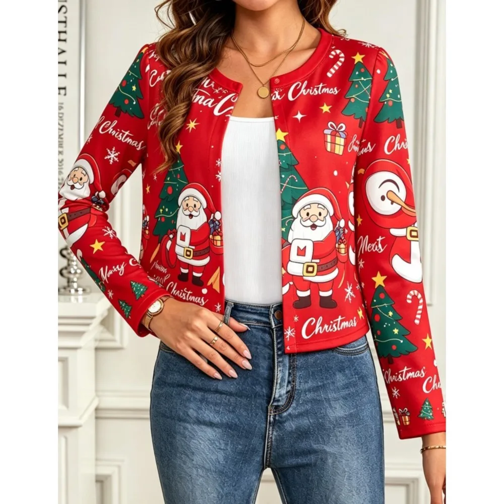 Fall New Printed O Neck Long Sleeved Cardigan For Women's Short Fashion Fitted Simple Elegant Suitable Female Office Casual Coat
