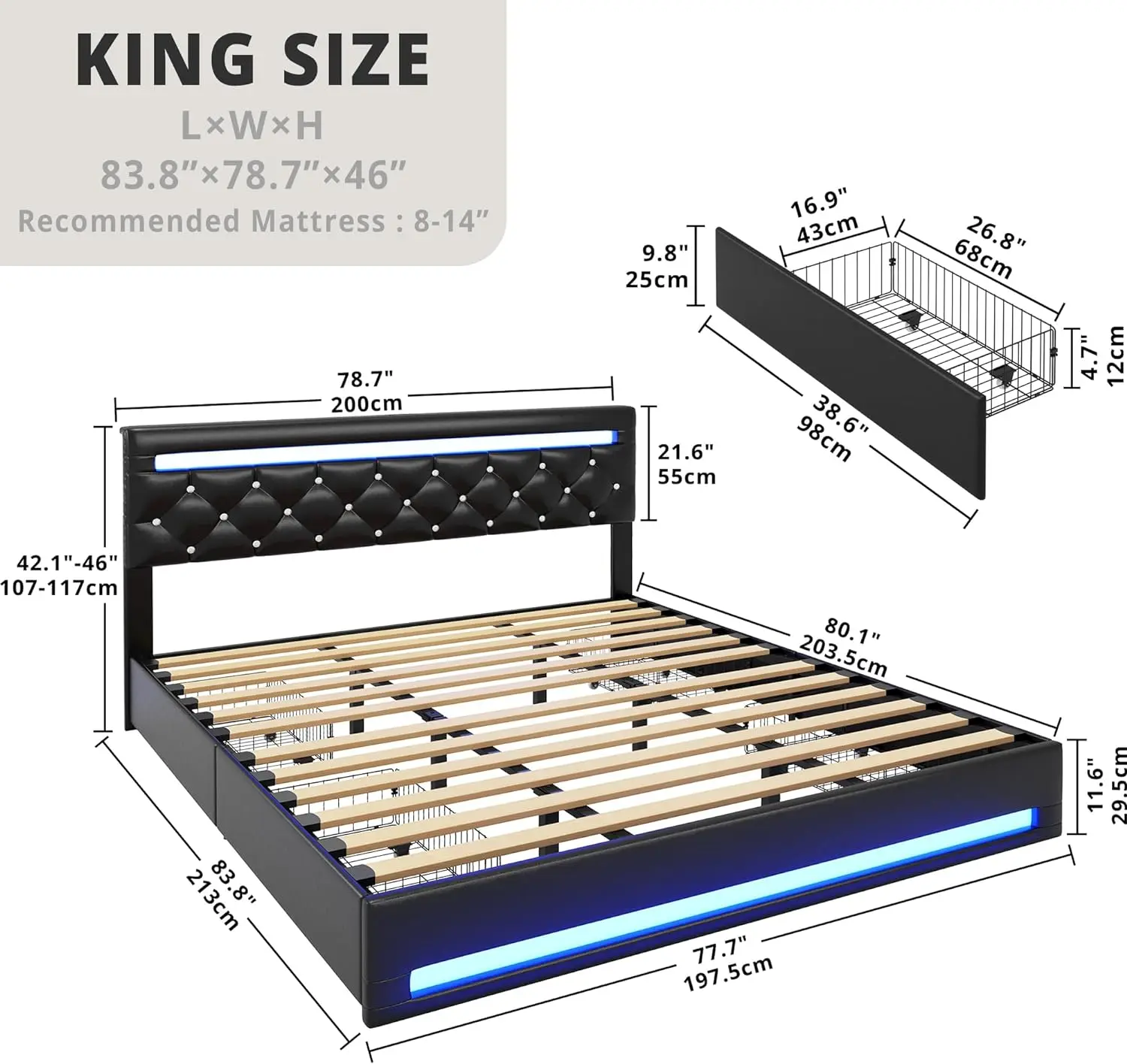 Bedframe W/Led-Verlichting & 4 Opbergladen, Gestoffeerd Platform Bedframe Met Verstelbaar Kristal Knop Pu Lederen Hoofdeinde