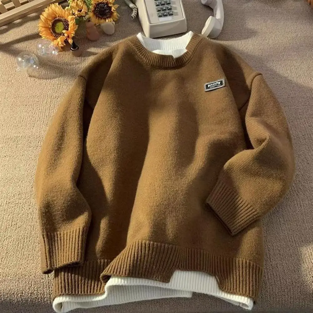 Long Sleeve Men Sweater Men's O-neck Long Sleeve Sweater Thickened Warm Pullover Tops Color Matching Casual Sweater for Autumn