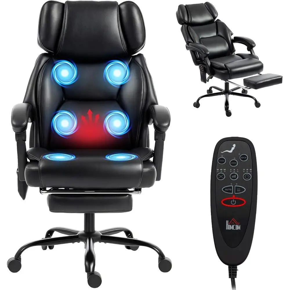 

Эргономичное офисное кресло с высокой спинкой, подогревом поясницы, регулируемыми подлокотниками, функцией откидывания, вибрацией, подставкой для ног, из черной искусственной кожи