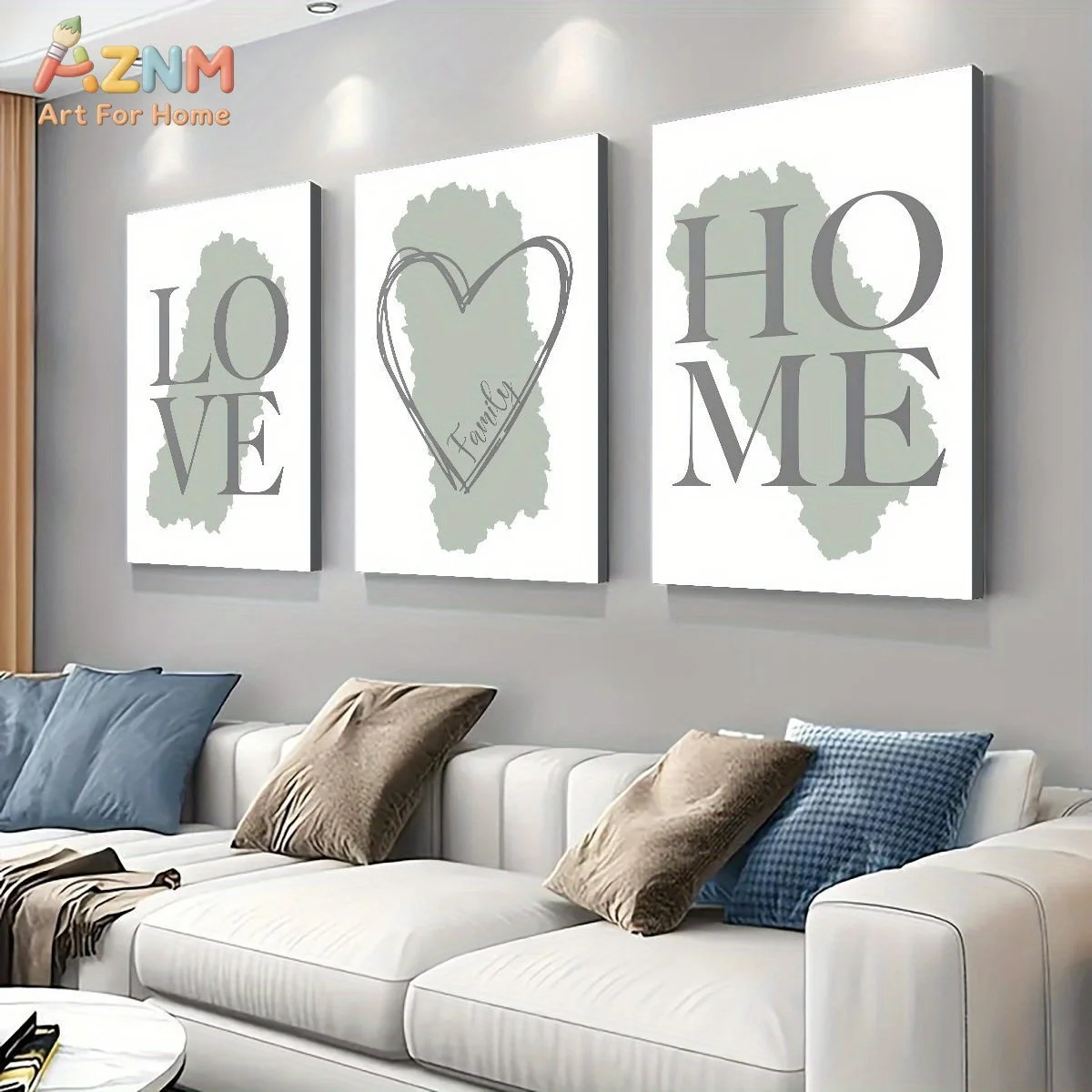 AZNM Minimalist Sage Green Love Home Family Quote Canvas Wall Art, Modern Neutral Heart Typography Print Poster, Unframed Single