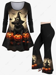 Plus Size Ladies Pumpkin Bat Cat Wizard Print Halloween T-shirt Or  Flare Pants Daily Casual Autumn Winter New in Matching Set