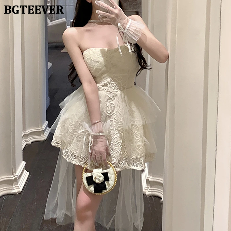 Bgteever elegante feminino sem mangas a linha vestido de festa primavera verão elegante magro senhoras sem alças mini vestido feminino vestido de renda