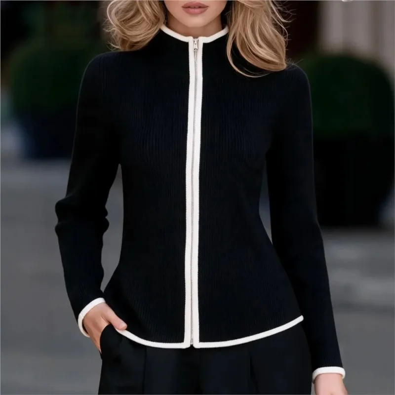 Spring Autumn Women's Cardigan Sweaters Knitted Zipper  Long Sleeve Stand-Up Collar Tops Korean Fashion Short Sweater For Female