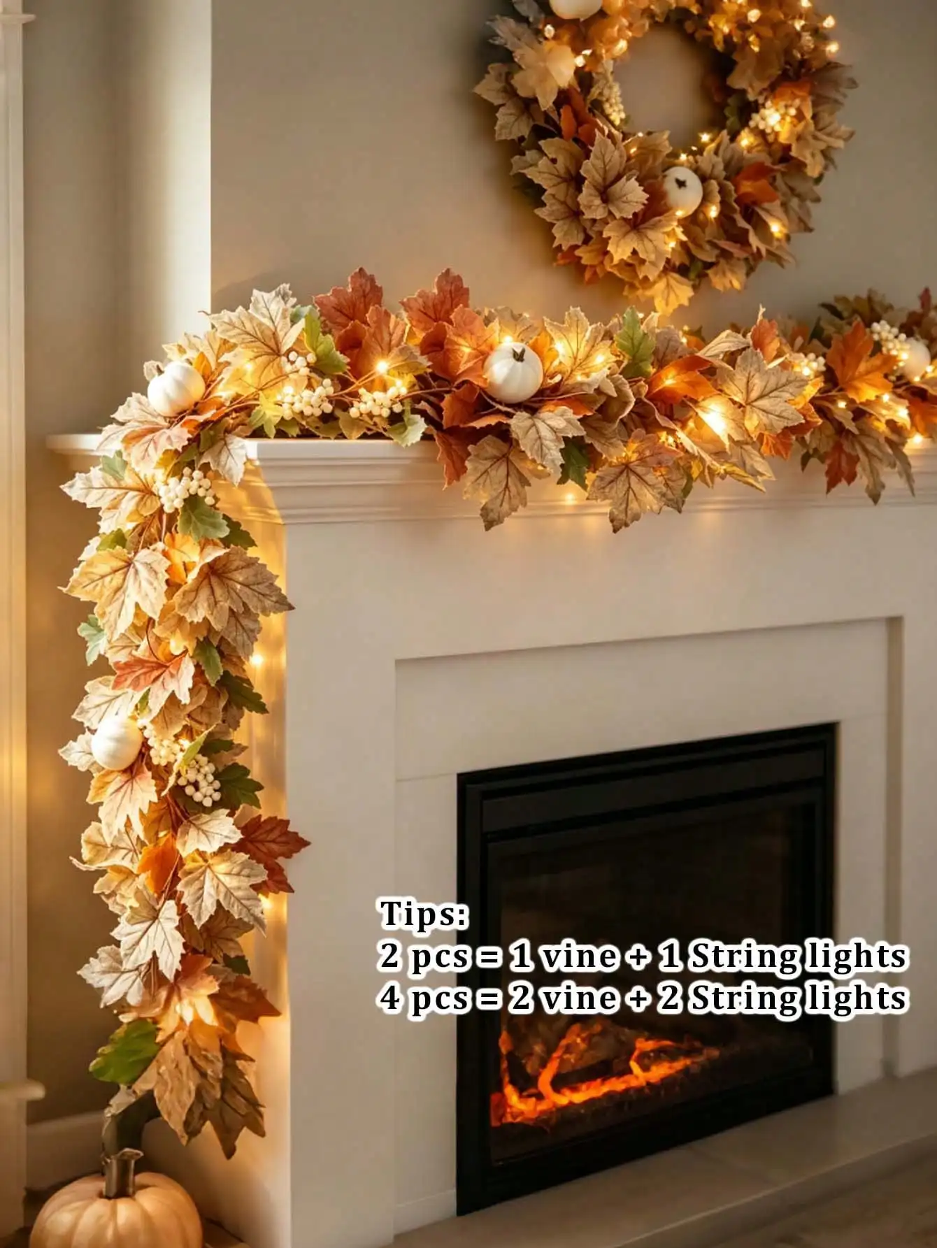 4pcs Artificial Autumn Maple Leaf Vine With LED String Lights, Berries And Pumpkins, Hanging Decor For Thanksgiving Table, Room, Stairs, Windows, Porch, Garden Fence, DIY Wreath, Thanksgiving Harvest Home Decoration