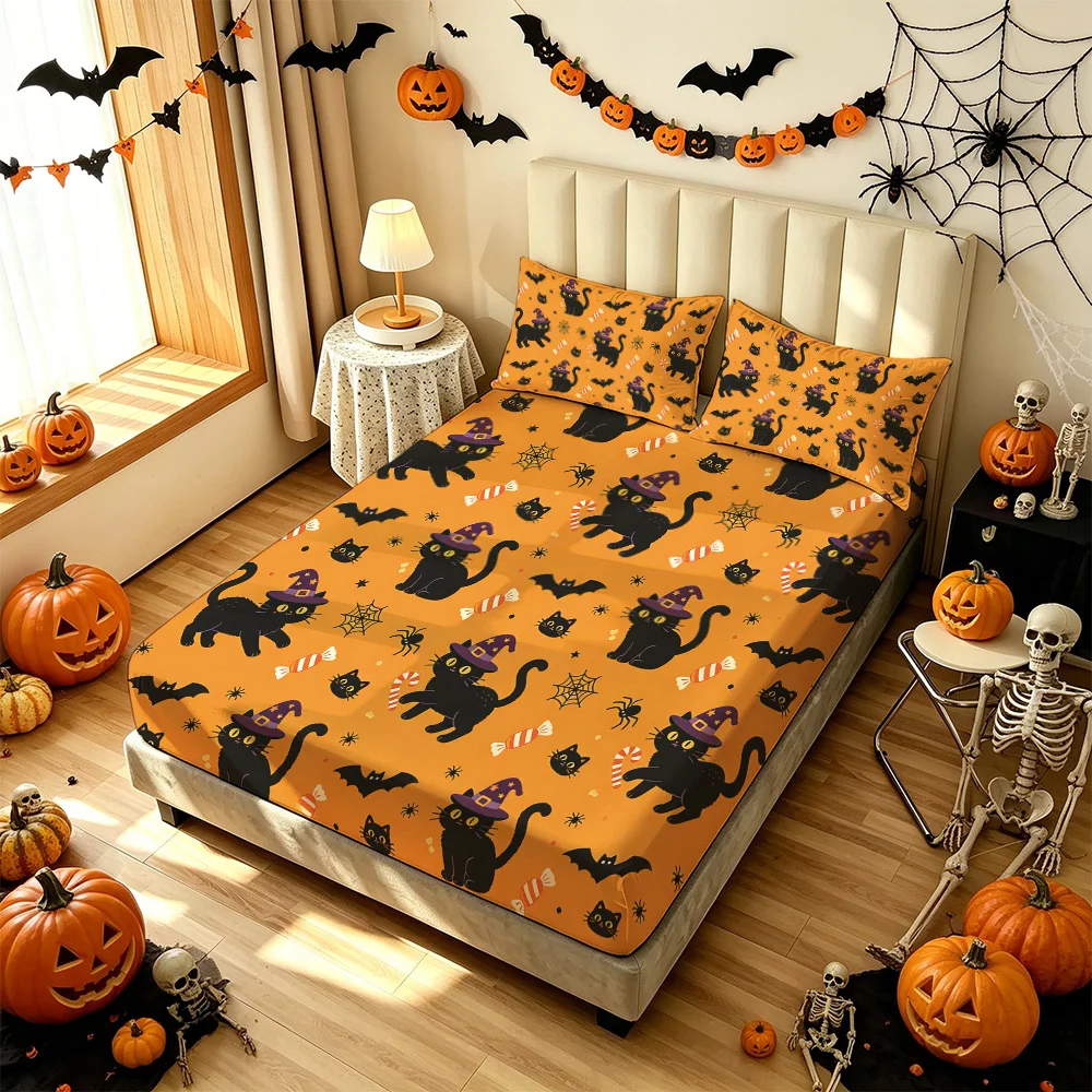 3Pcs Halloween Black Cat Bat Spider Web Print Bedding Set, 1 Duvet Cover 2 Pillowcases, No Inner Core, Machine Washable Soft