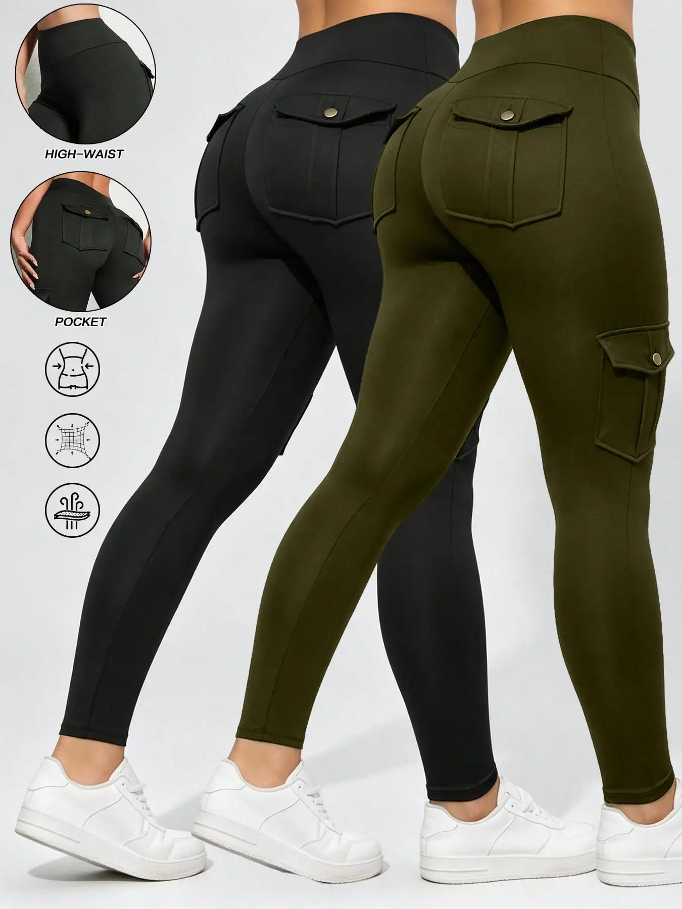 1/2 Pcs Women's Fitness Pants: High-Waisted Flared Cargo Pants With Pockets, Shaping and Tummy-Control Fitness Pants.