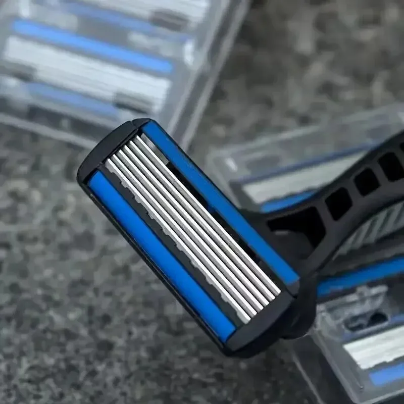 ماكينة حلاقة يدوية آمنة للرجال مكونة من 6 طبقات من الفولاذ المقاوم للصدأ لإزالة الشعر، أدوات ماكينة حلاقة قابلة للاستبدال