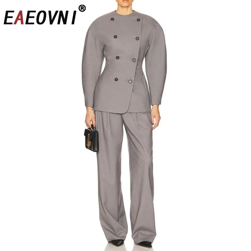 

EAEOVNI Fashion Design Women 2 Piece Set Solid Color O Neck Button Jacket Coat Long Pants Office Lady Autumn Winter New Clothing