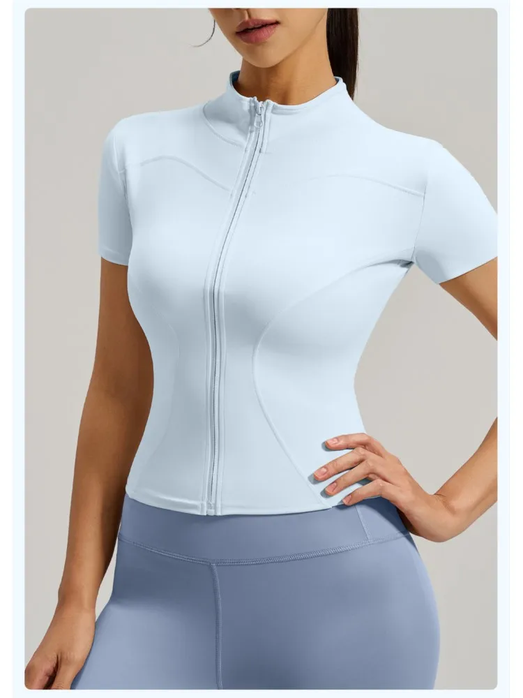 Sports Short Sleeve Top Women Gym Yoga Top Workout Clothes Sports T Shirt Fitness Activewear Running Tight Zipper Tops