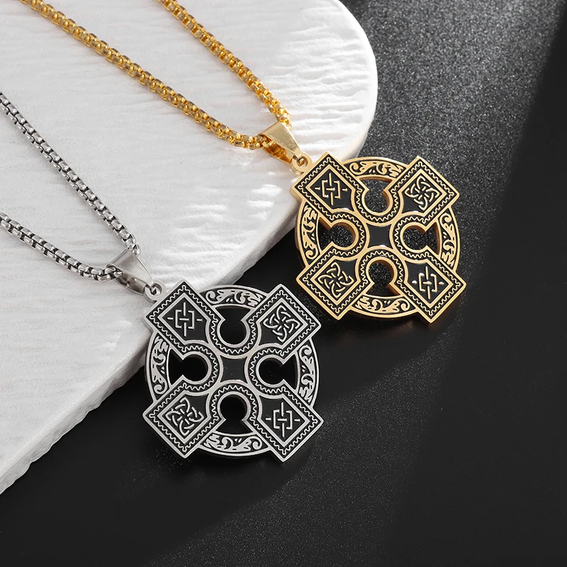 Witchcraft Celtic Knot Necklace Stainless Steel Solar Cross Knot Shield Druid Amulet Chain Necklace Jewelry Collar