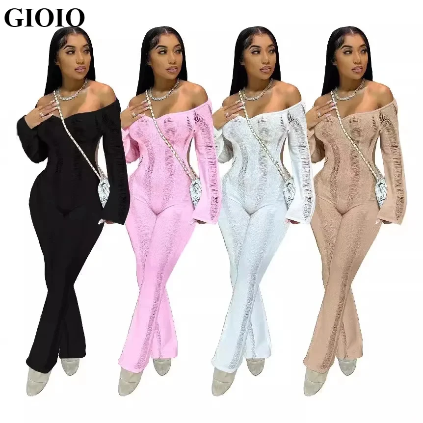 

GIOIO New fall hollow out knitted long sleeve backless off shoulder one piece woolen sweater jumpsuit bodysuit