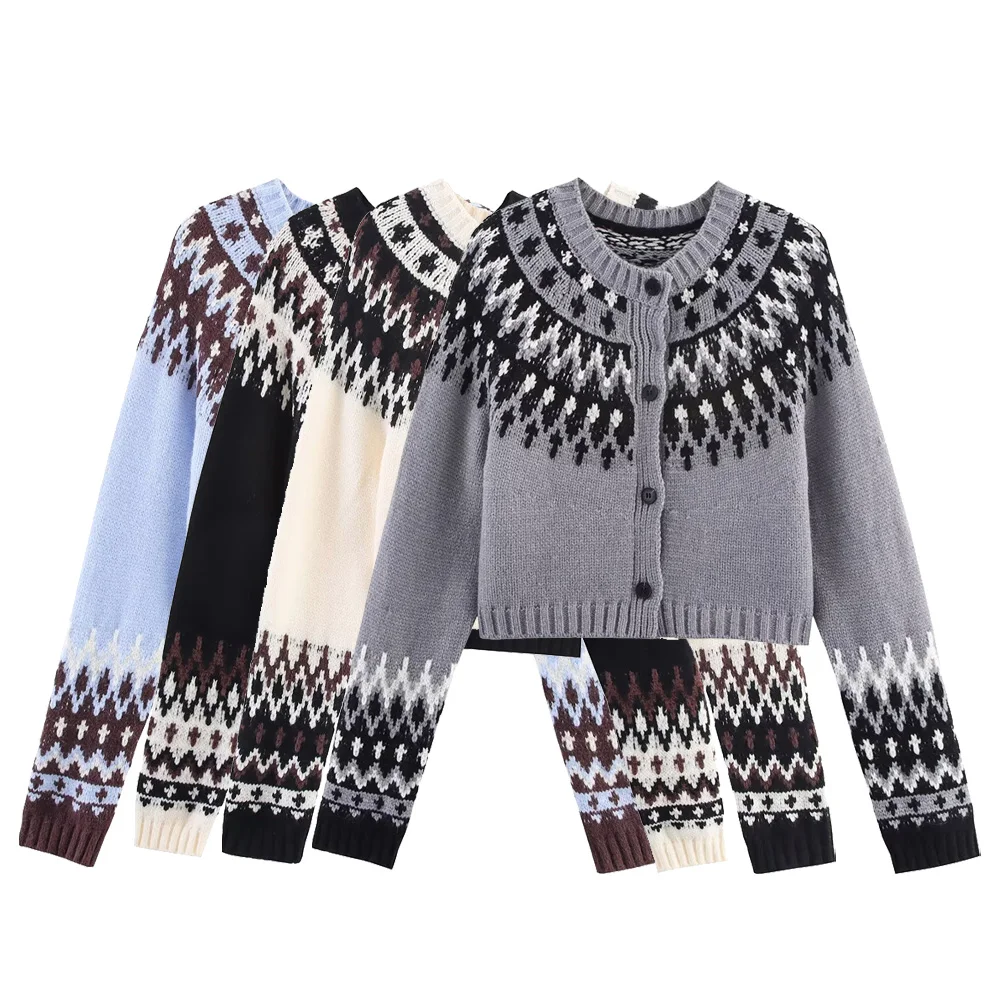 

Taop&Za's new women's casual versatile round neck long sleeved breasted jacquard knitted cardigan