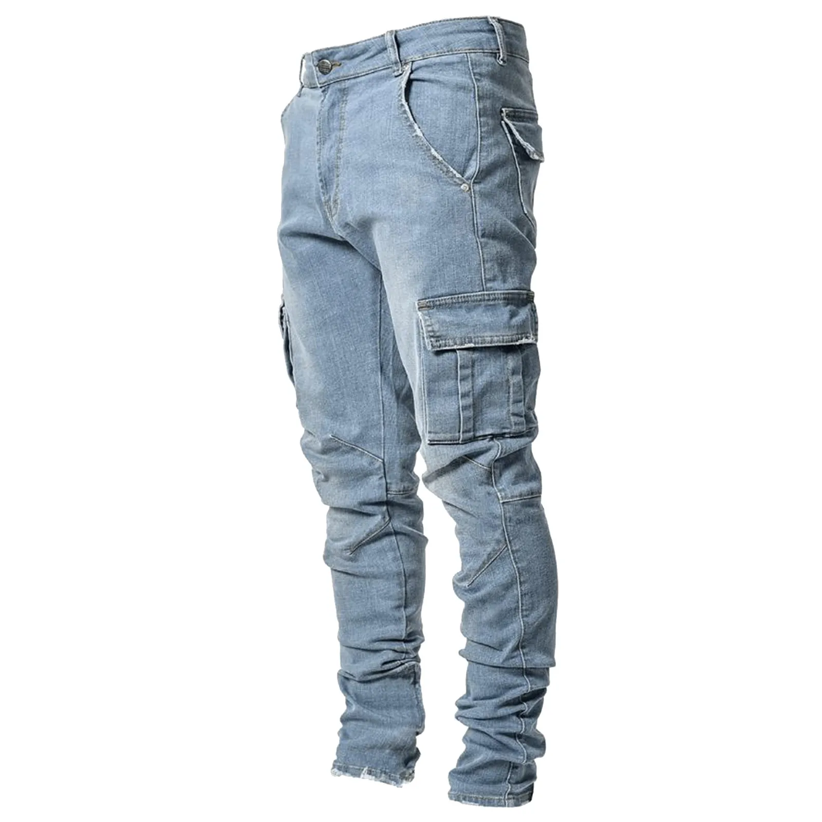 

Street Elastic Jeans Men Denim Cargo Pants Wash Solid Color Multi Pockets Casual Mid Waist Trousers Slim Fit Daily Wear Joggers