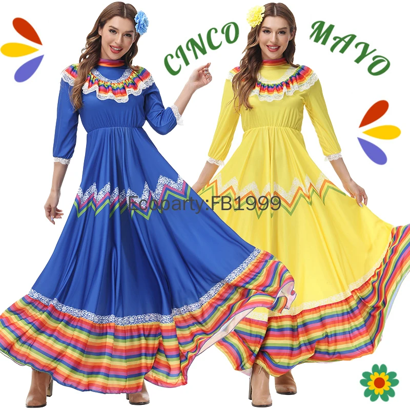 Halloween Costume for Women Traditional Fiesta Jalisco Swing Long Dress Mexican Allet Folklorico Dance Dress Up Festival Outfits