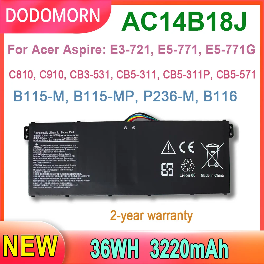 Batería para portátil DODOMORN AC14B18J para Acer Aspire: E3-721,E5-771,ES1-311,ES1-511,B115-M,P236-M,B116, C810,CB3-531,C910, AC14B13J