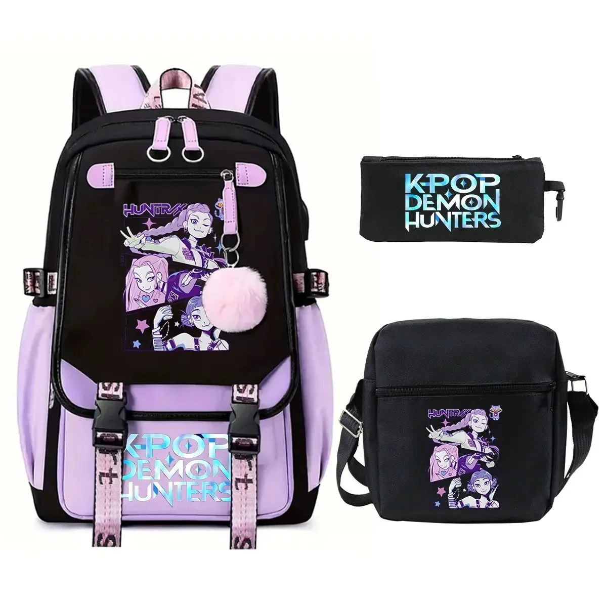 Mochila de Anime Kpop Demon Hunters, conjunto de 3 uds., mochila escolar para estudiantes de gran capacidad, mochila con carga USB para adolescentes, bolsas de viaje para mujer