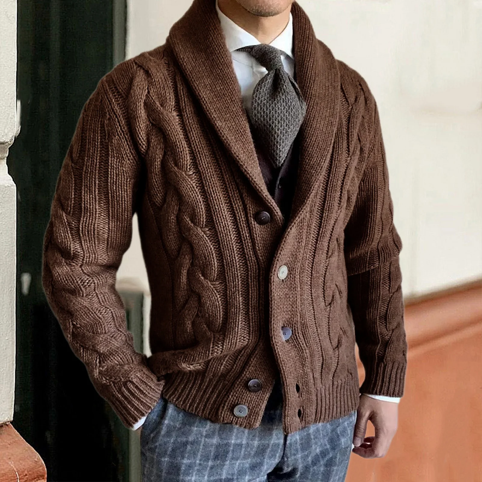 Retro Men Sweater Coat Twisted Texture Long Sleeves Solid Color Stand Collar Double-breasted Buttons Elastic Men Spring Coat
