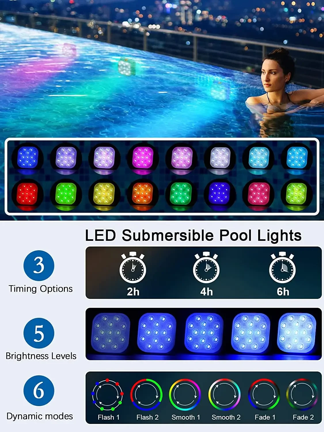 Luzes LED subaquáticas com controle remoto, luzes submersíveis para piscina, luz recarregável para piscina com temporizador, mudança de cor, 200 pés