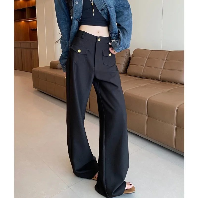 ملابس حريمي ربيع الخريف موضة البساطة زر بلون جيب أنثى كل مباراة مزاجه عالية الخصر السراويل مستقيم