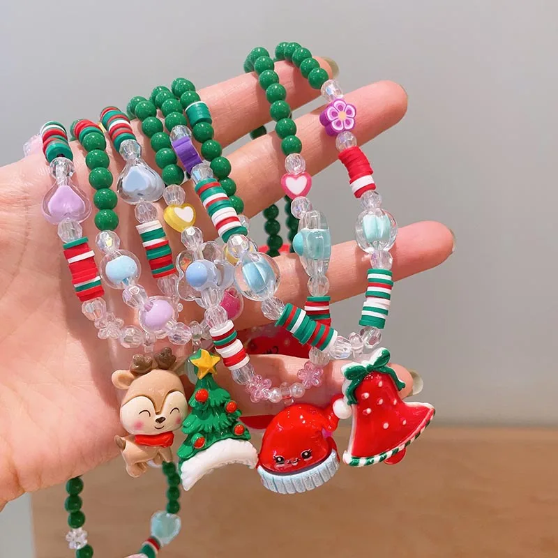 Children Christmas Necklace Collection Handmade Beaded Santa Reindeer Cute Durable Lightweight Premium Party Gift