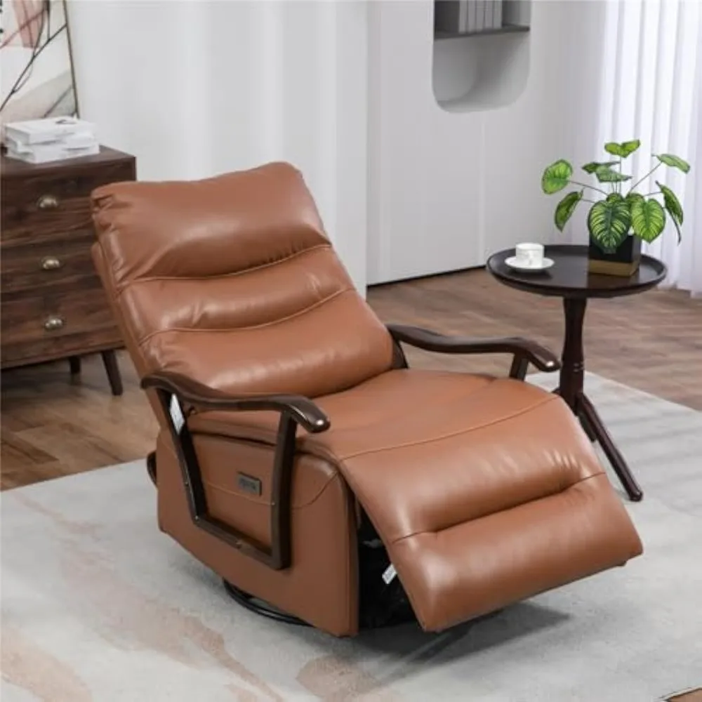 Wide Swivel Glider Rocker Recliner, Faux Leather Power Rocker Recliner with Metal Base and Solid Wooden Armrest, Lay Flat Chair