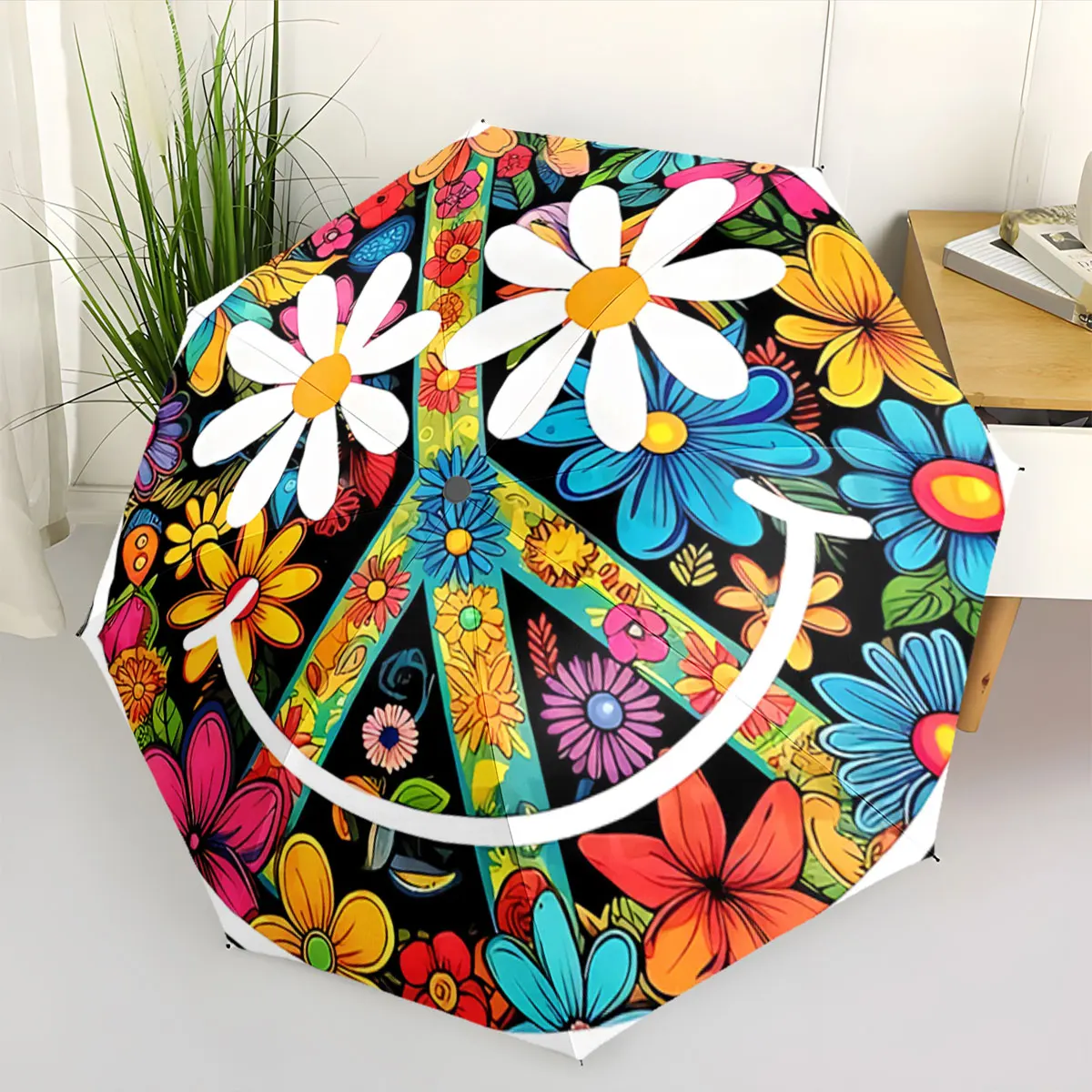 Colorful Floral Peace Symbol Smiley Face Design Umbrella portable waterproof sun rain umbrella for outdoor travel beach