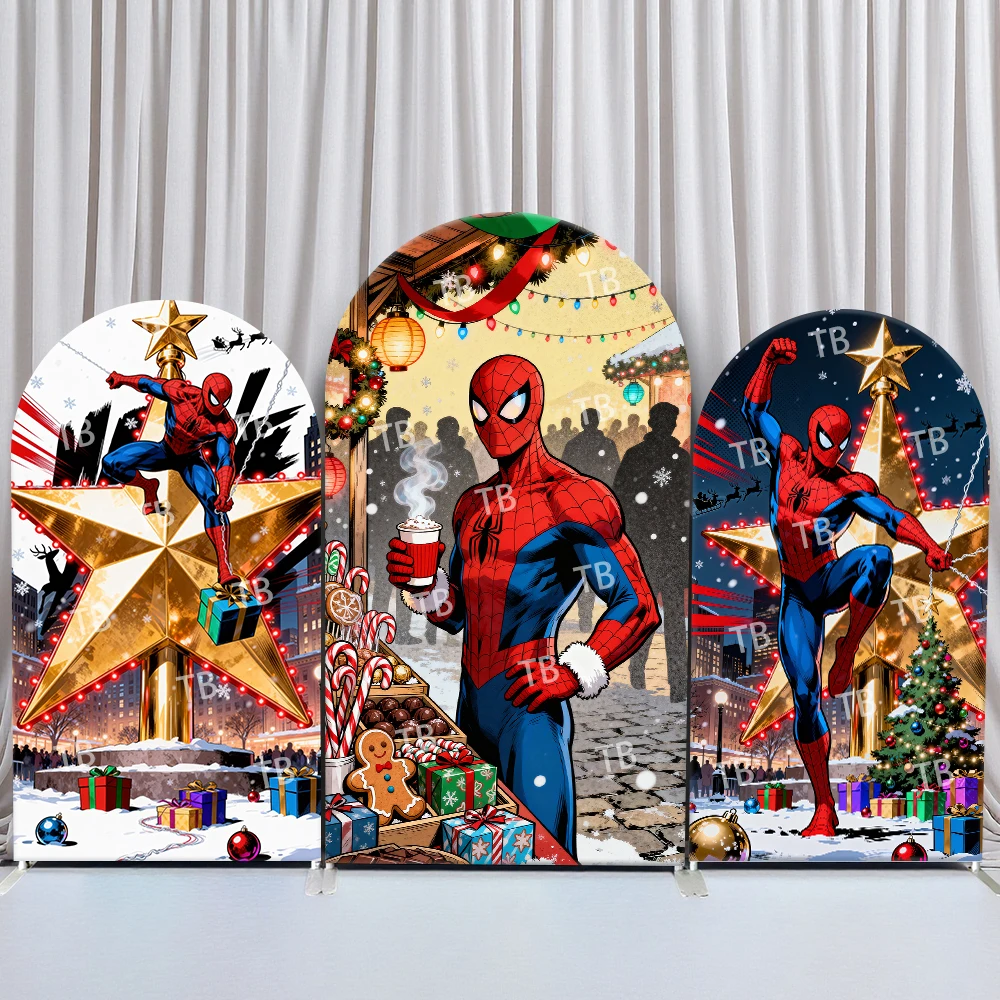 

Фон с аркой «Человек-паук», Рождественский рынок, праздничный стиль комиксов, день рождения и детский душ, вечеринка, фотобудка, декор, реквизит