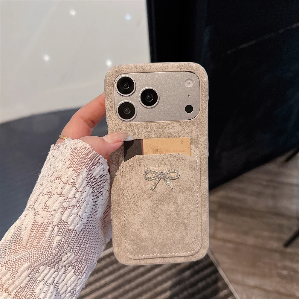 

Chic Elegant Glitter Diamond Bow Phone Case for iPhone 17 Pro Max Soft Suede Texture Card Slot Cover for iPhone 16 15 14 13 Pro
