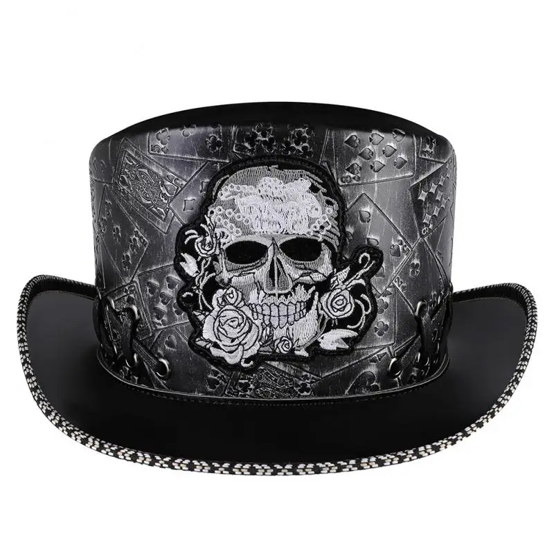 Gear Duke Black Pu Leather Hat Medieval Headgeasr Knight Retro Cap Skull Embroidered Dome Magic Hat Halloween Carnival Headear