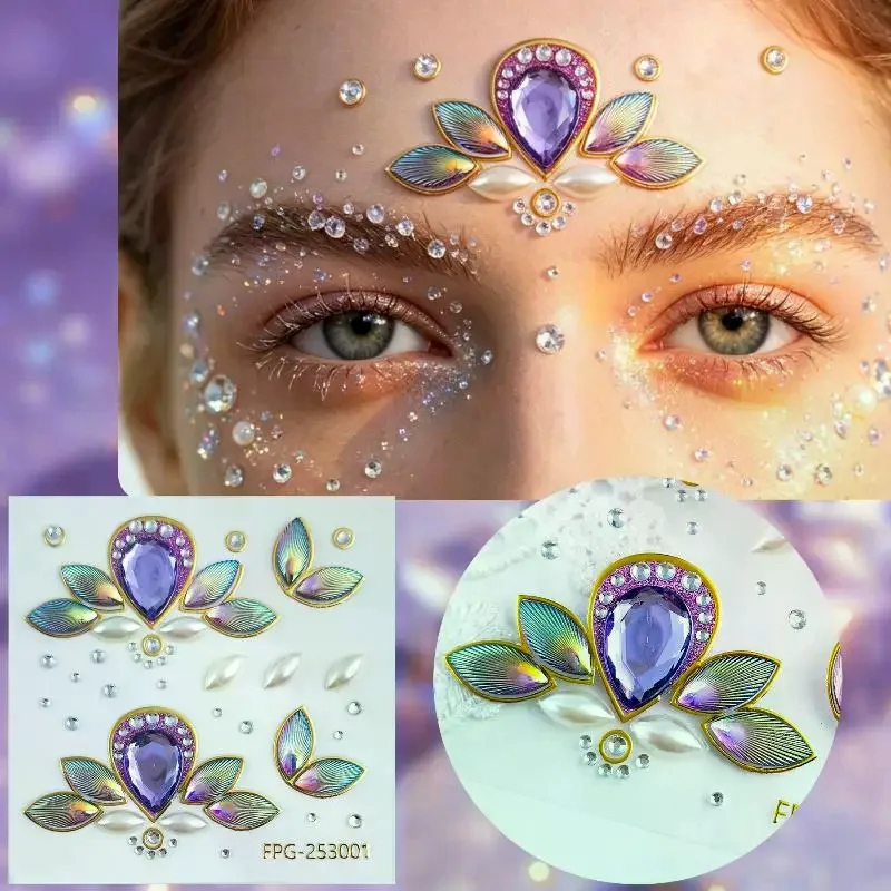 Shiny Rhinestone Face Jewel Stickers Self Adhesive Iridescent For Festival Rave Halloween Cosplay Makeup