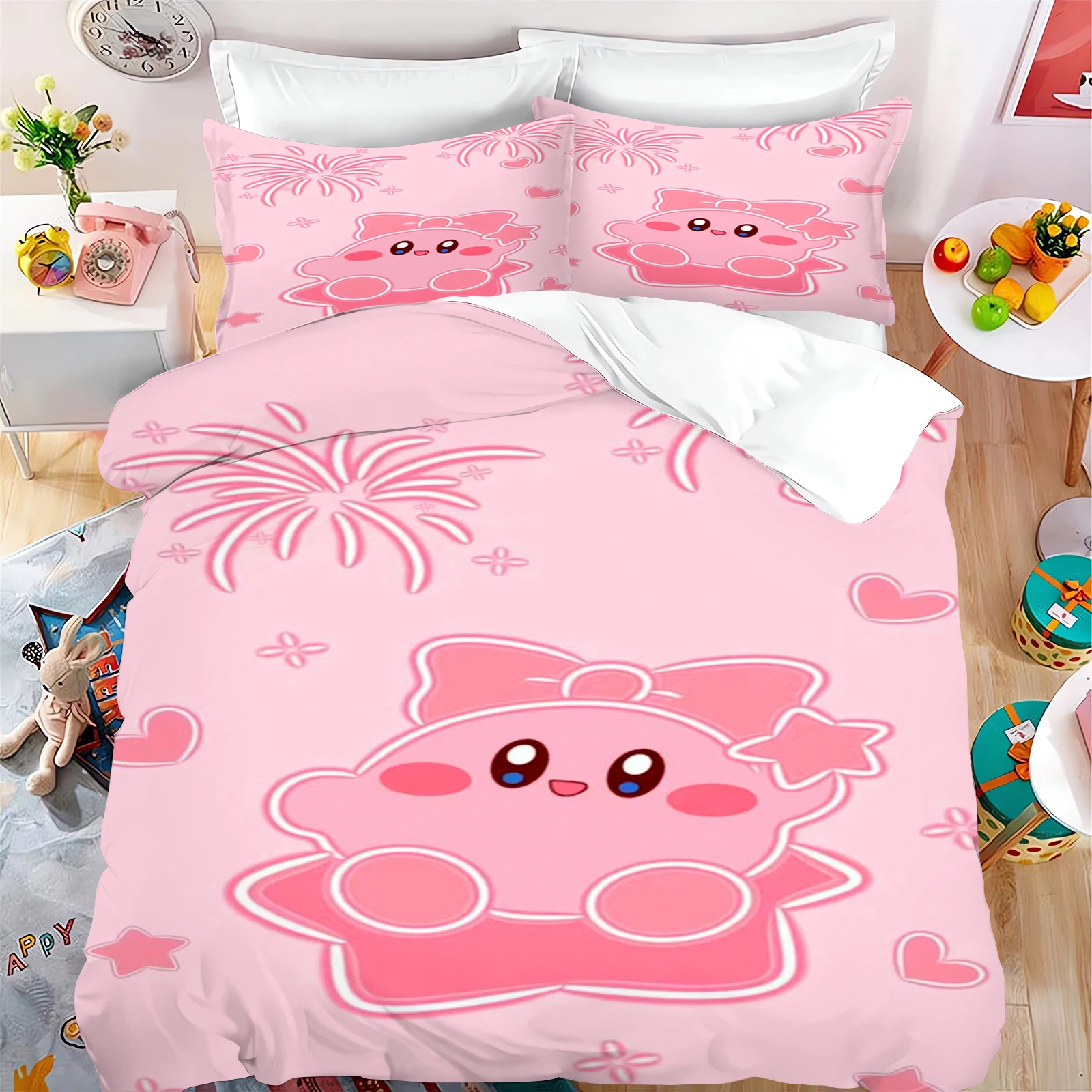 Cartoon Cute Home Kirby Quilt Dekbed Beddengoed Set 3d Kinderset Cover Kingsize Hoezen Kinderen Bedrukt 100% Polyester