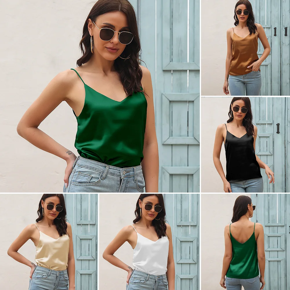 

Sexy Tank V Neck Cut Out Satin Silk Halter Crop Tops Women Backless Camisole Casual Tube Top Female Sleeveless Cropped Vest