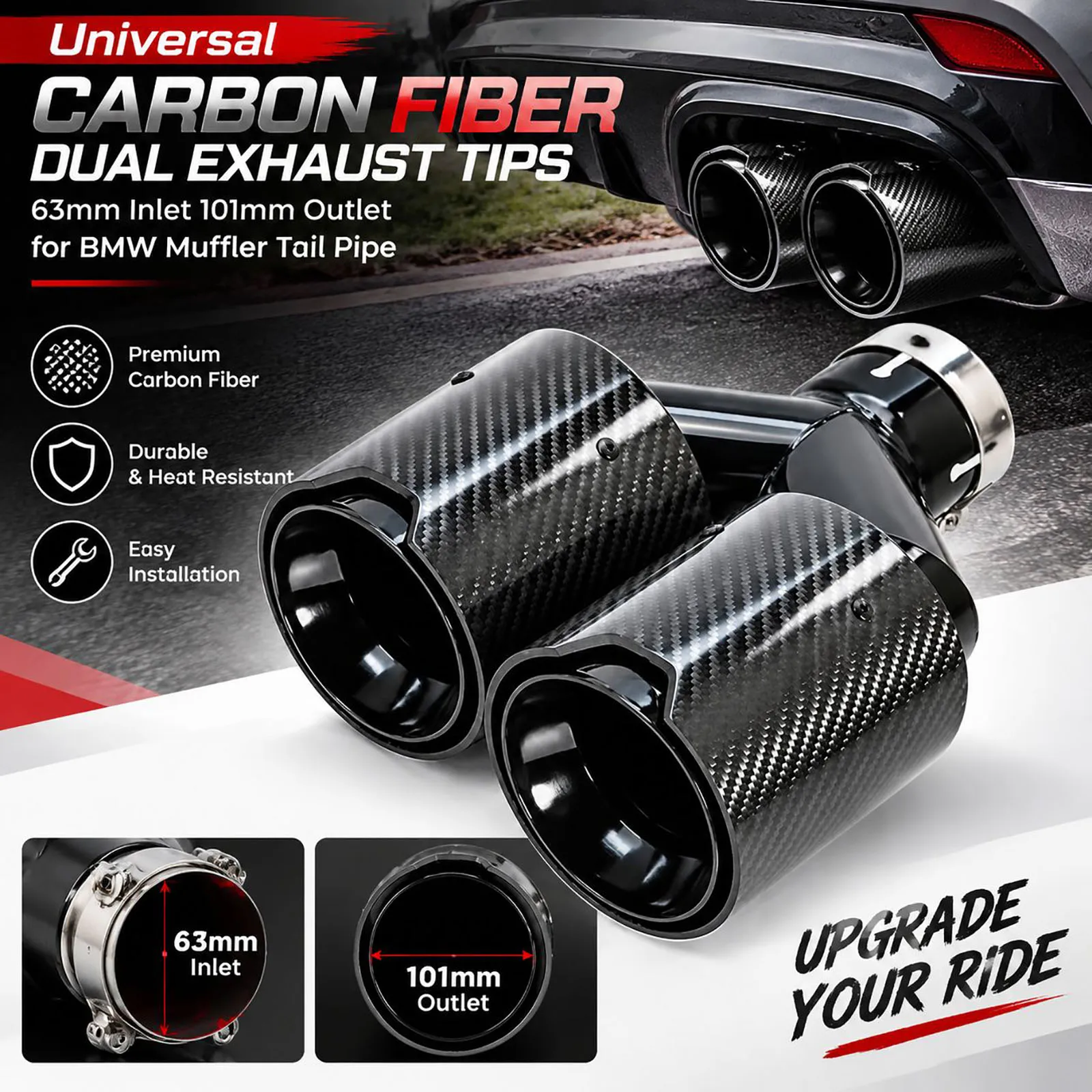 Image of Doppelte Carbon-Auspuffblenden 63mm Einlass 101mm Auslass für BMW Universal-Schalldämpfer