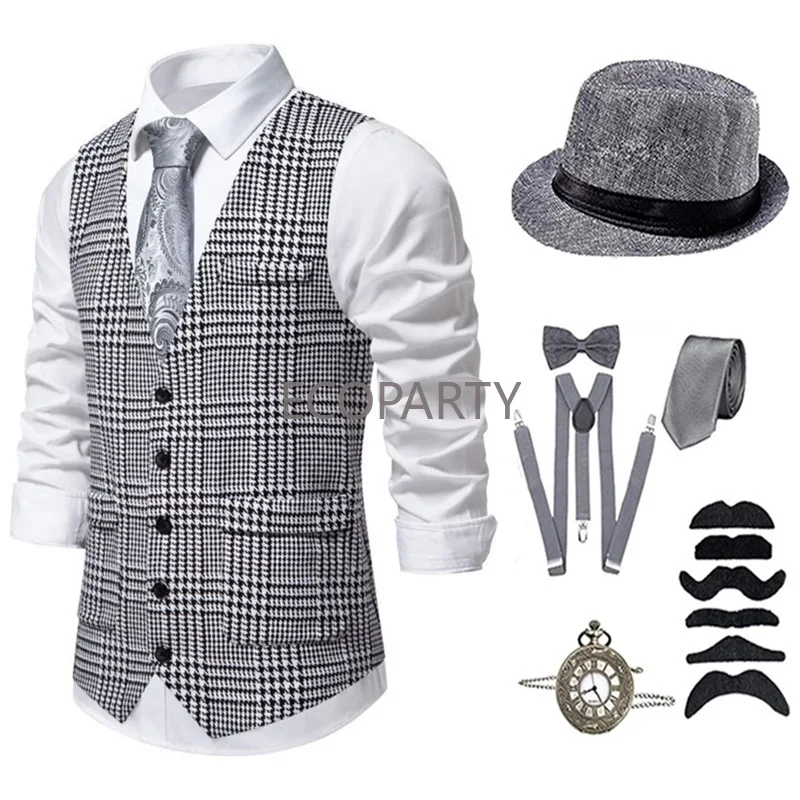 New Gionforsy 1920s Mens Gatsby Gangster Costume Grandpa Accessories Set 20s Old Man Vest Hat  Bow Tie Vintage Pocket Watch