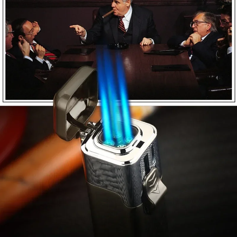 Four Jet Blue Flame Turbo Cigar Lighter, Strong Fire High Pressure Straight Cycle Butane Torch, Premium Smoking Present for Guys
