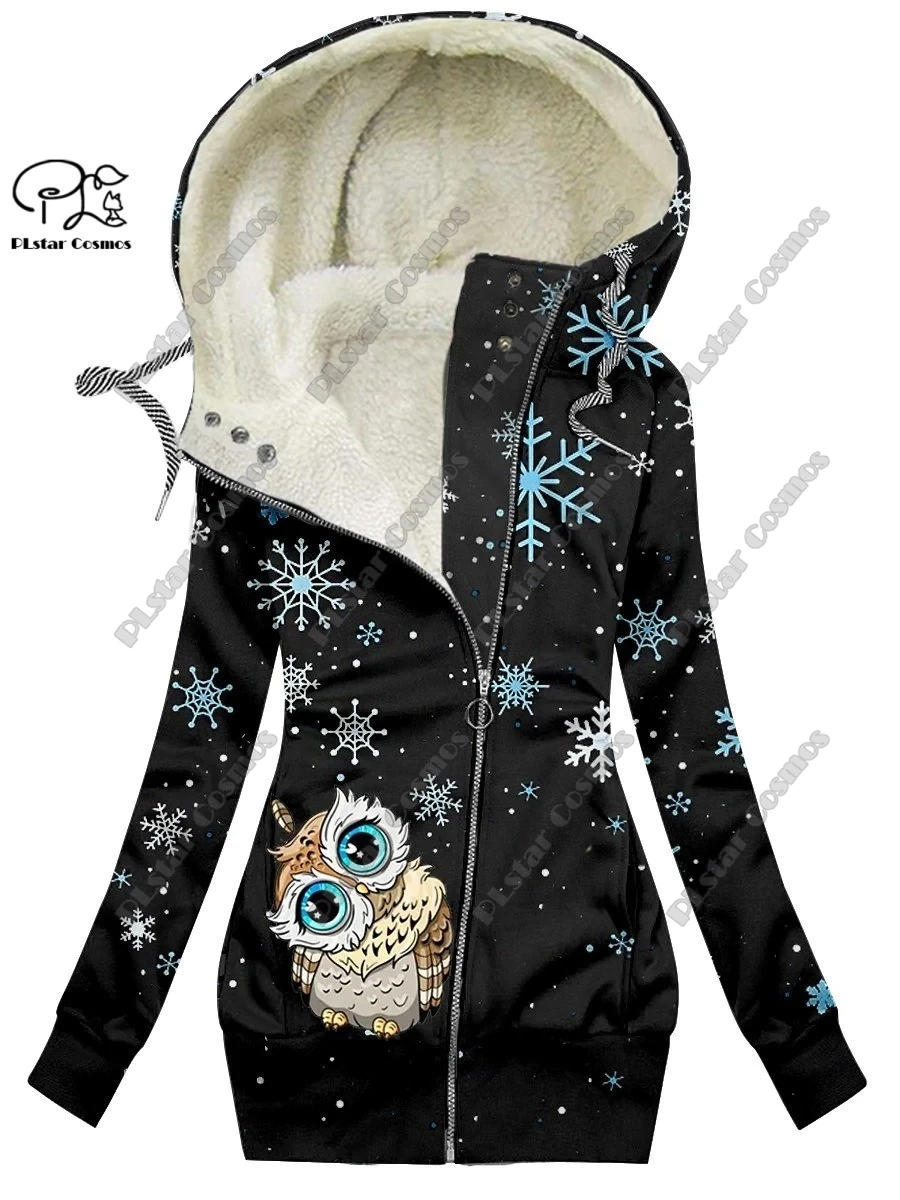 New 3D printed animal series cute owl pattern plus velvet warm women's long zipper hoodie coat commuting casual winter M-3