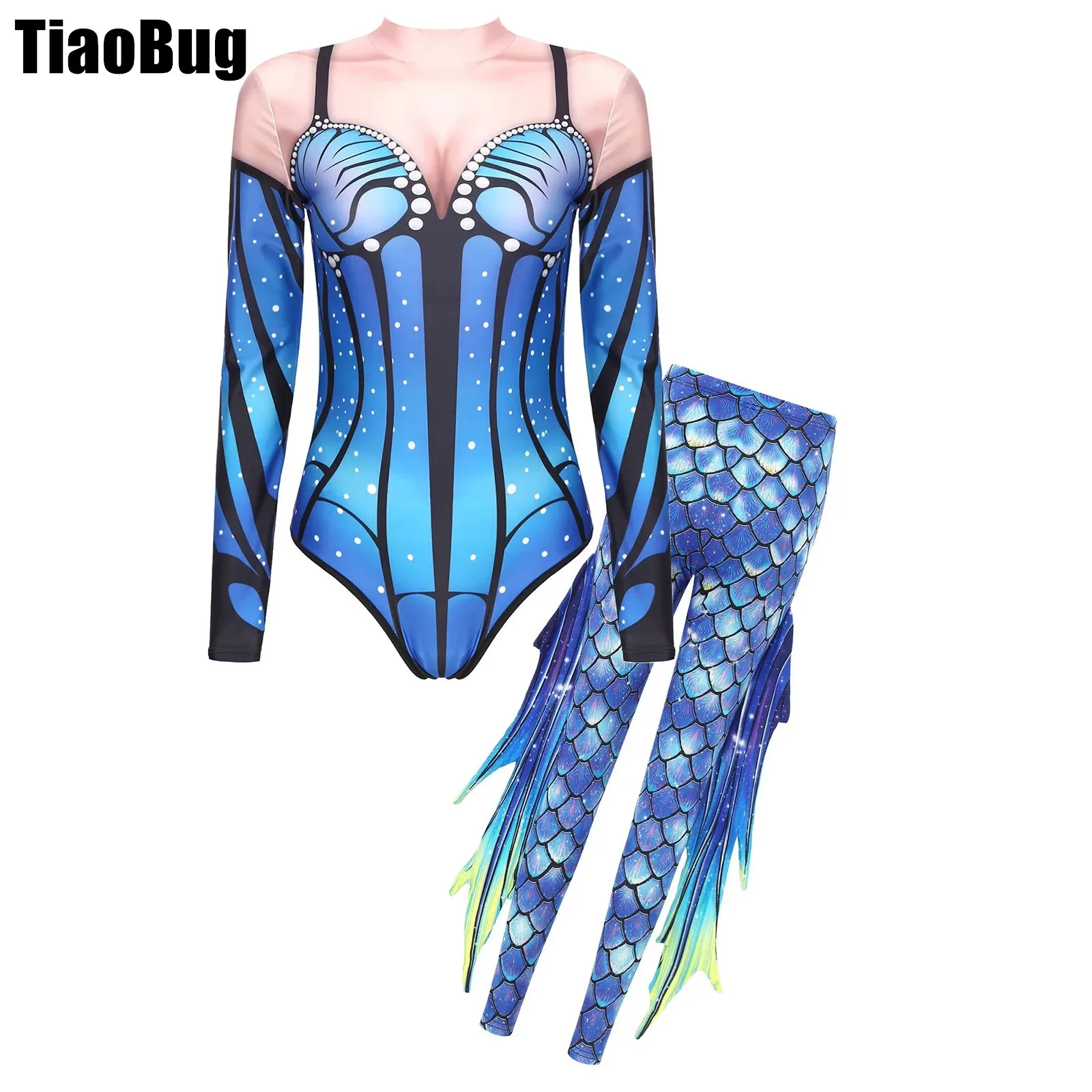 

Womens Mermaid Print Fish Set Scales Stand Collar Long Sleeves Jumpsuit with High Waist Tights Suit for Halloween Party