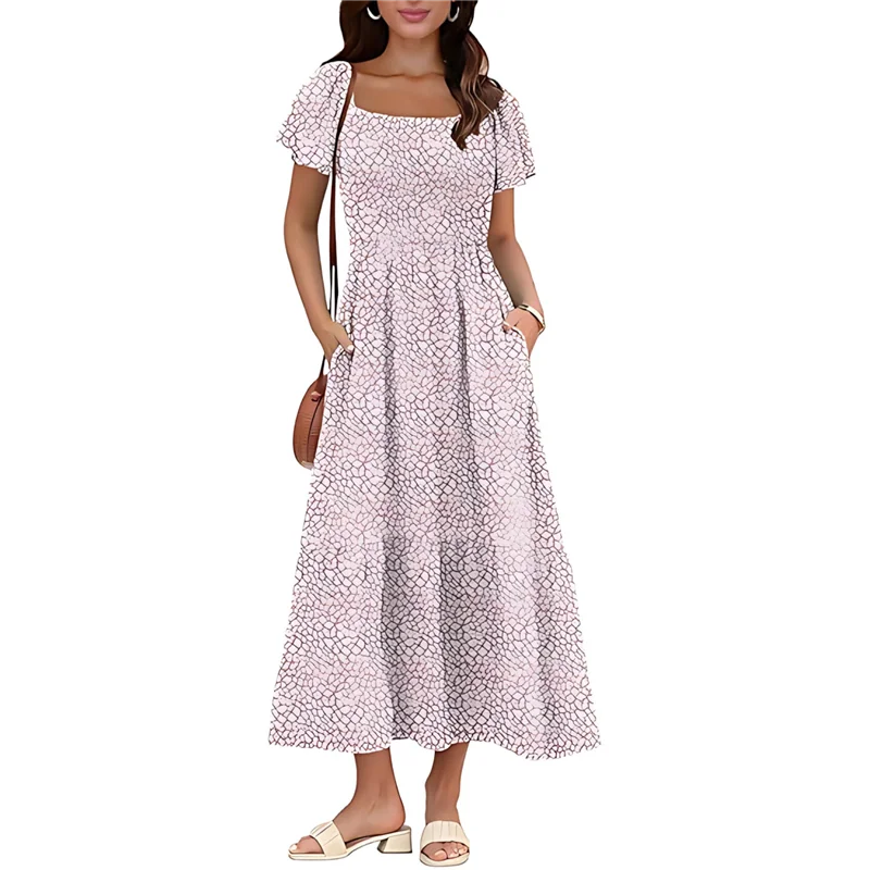 Abito estivo da donna casual con scollo quadrato, maniche svolazzanti, boho, smock, a-line, fluido, a strati, modesto, midi, con tasche